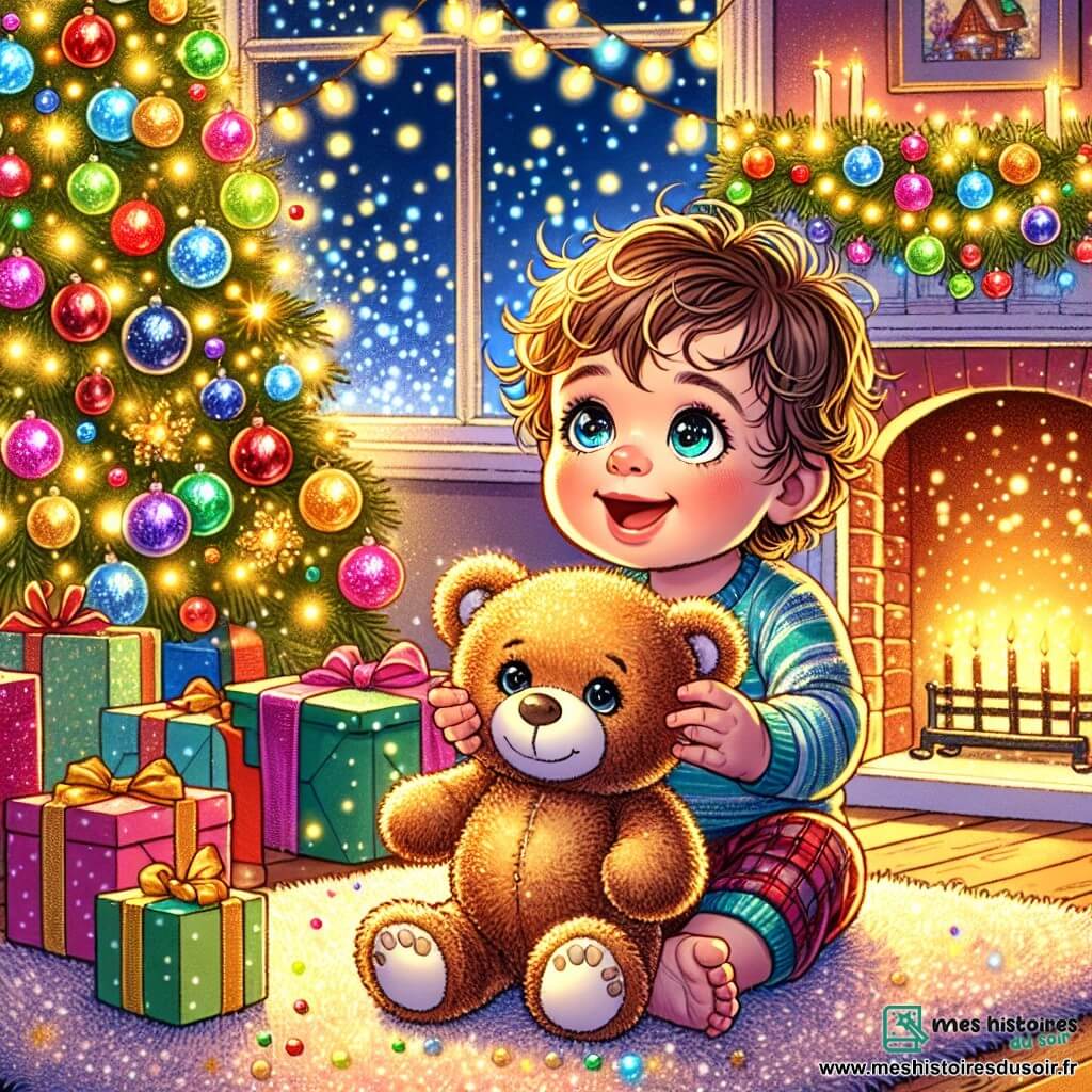 Un petit garçon de 1 an, Léo, aux cheveux bouclés et aux yeux pétillants, est assis sur un tapis moelleux devant un sapin de Noël. Il sourit émerveillé en tenant un nounours en peluche aux yeux brillants. La scène se déroule dans un salon chaleureux, décoré de guirlandes scintillantes et de boules colorées. Des lumières clignotantes illuminent la pièce, et un feu crépite dans la cheminée. Léo et son nounours découvrent les merveilles de Noël, entourés de cadeaux colorés, tandis que des flocons de neige tombent doucement à l'extérieur.