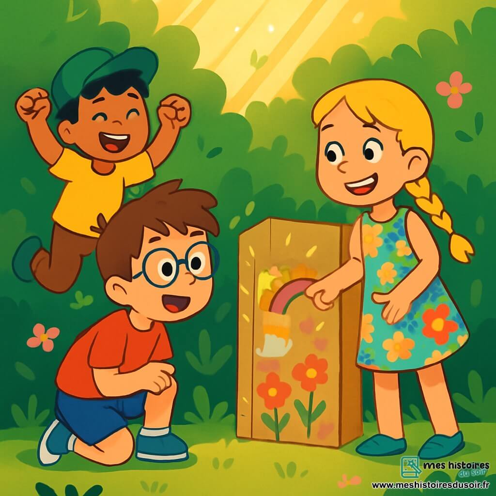 Trois personnages sont présents : Léo, un garçon de 8 ans aux cheveux bruns en bataille et lunettes rondes, accroupi devant une porte secrète en carton, les yeux écarquillés d’excitation. Zoé, une fille de 7 ans avec de longs cheveux blonds tressés et un sourire éclatant, se tient à côté de Léo en pointant la porte. Malik, un garçon de 8 ans avec des cheveux noirs et une casquette verte, saute sur place, prêt à les suivre. Ils se trouvent dans un petit coin de jardin, entouré de buissons fleuris, avec des rayons de soleil filtrant à travers les feuilles. La porte secrète, décorée de dessins colorés, scintille sous la lumière. Les trois amis, remplis d’excitation, sont prêts à l’ouvrir pour explorer ce qui se cache derrière.