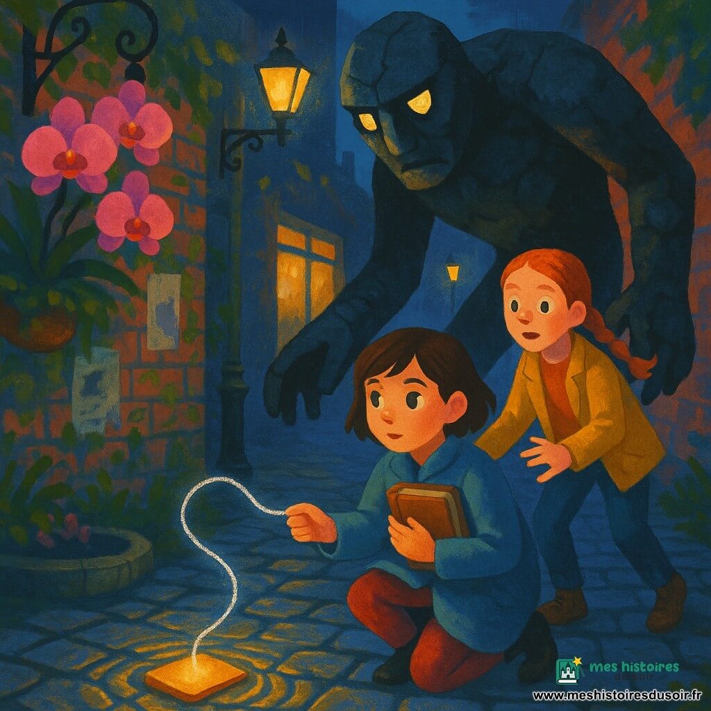 Trois personnages dans une ruelle nocturne d'une ville-jardin victorienne : Lina, 11 ans, cheveux bruns courts, manteau bleu poussiéreux, accroupie au centre, tient un carnet en cuir contre sa poitrine et déroule un fil d'argent lumineux vers une grande créature de pierre; Zoé, 11 ans, rousse en tresse, veste jaune moutarde, se tient juste derrière, prête à intervenir; et Casse-Cou, silhouette de pierres et poussière aux traits fissurés, bloque le passage. Les pavés humides vibrent d'ondes autour du fil argenté, les lampadaires en fer forgé diffusent une lumière jaune chaude, une page du carnet rayonne d'une chaleur dorée, orchidées et murs moussus ajoutent une atmosphère à la fois tendue et touchante, aux contrastes d'ombres bleutées et lueurs argentées.