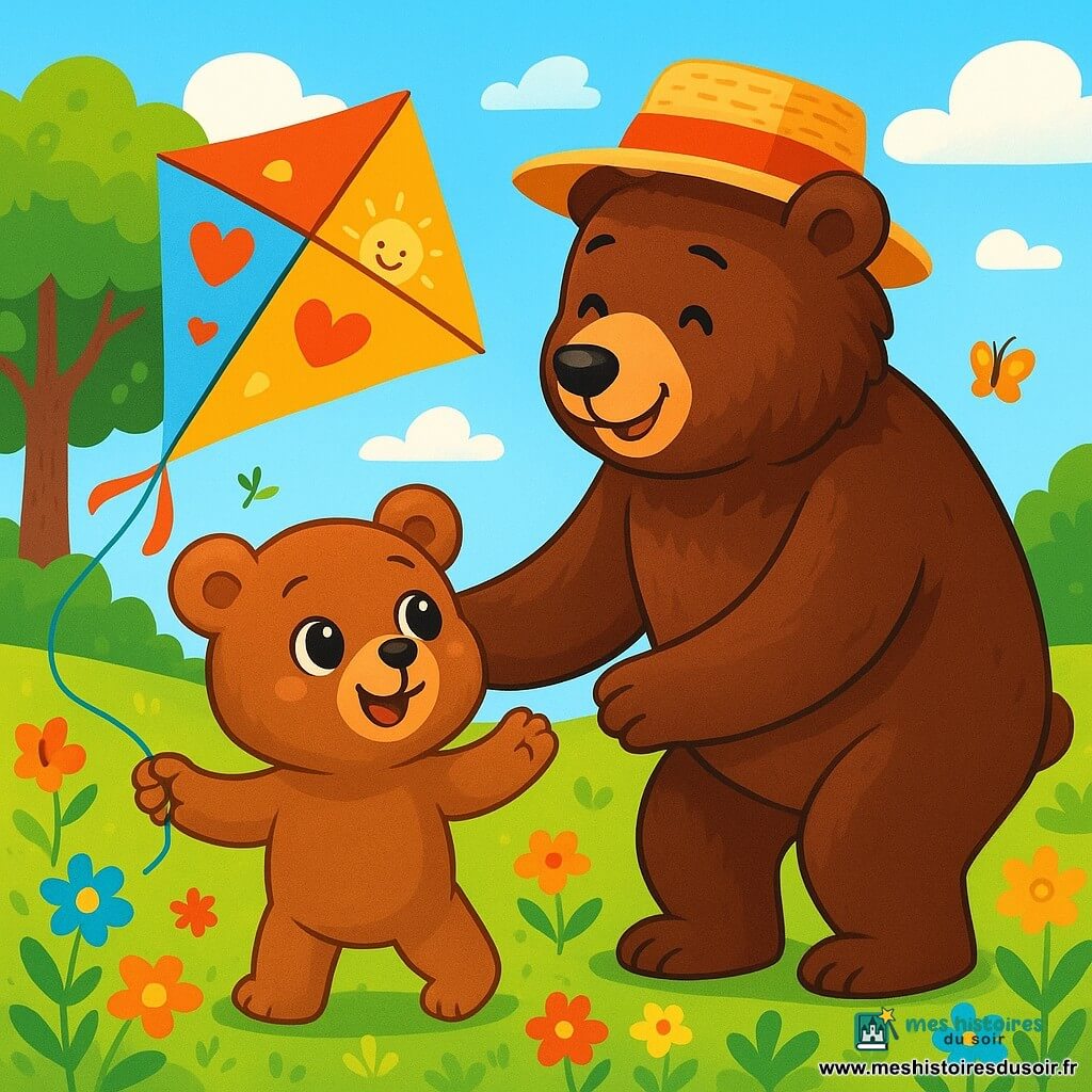 Petit Ours, un ours en peluche aux poils bruns et doux, se tient dans un jardin ensoleillé, souriant et tenant un cerf-volant coloré décoré de cœurs et de soleils. À ses côtés, Papa Ours, un grand ours au pelage brun foncé avec un chapeau en paille, le regarde avec tendresse, prêt à l'accompagner. Le jardin est fleuri, avec des papillons et un grand arbre en arrière-plan, sous un ciel bleu parsemé de nuages. Ensemble, ils s'apprêtent à faire voler le cerf-volant, célébrant la fête des pères avec joie et complicité.