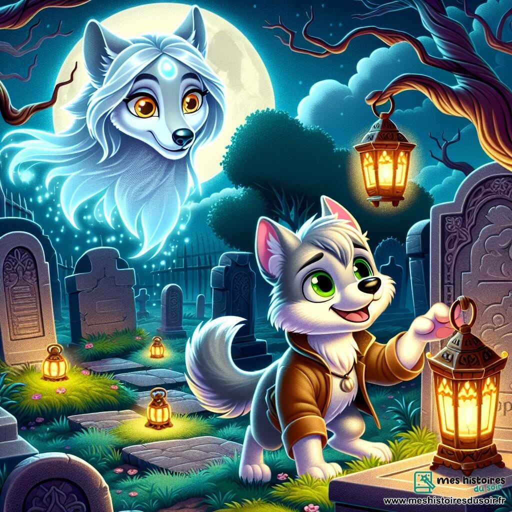 Un jeune loup nommé Léo, avec un pelage gris argenté, se tient au centre de l'image, ses yeux pleins de curiosité. Il avance dans un cimetière mystérieux, entouré de pierres tombales anciennes. À ses côtés, une vieille louve translucide flotte au-dessus d'une tombe, son regard bienveillant et doux. Le cimetière est enveloppé d'une brume légère, avec des arbres tordus, créant une atmosphère intrigante. Léo touche une lanterne ancienne qui émet une lumière douce, tandis que des souvenirs lumineux s'échappent de la pierre tombale, illuminant son visage émerveillé.