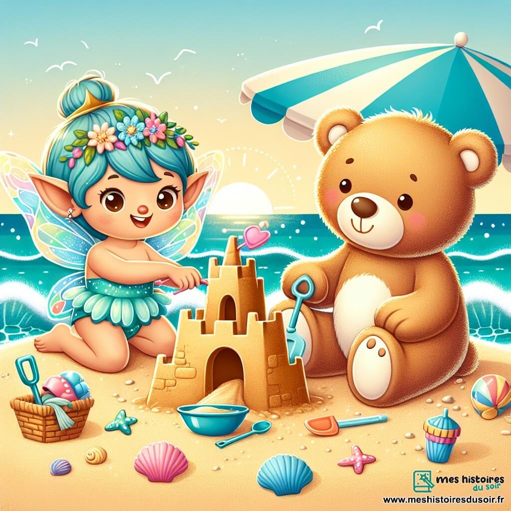 Petit Lutin, un personnage féerique aux grandes oreilles pointues et au sourire radieux, est assis sur le sable doré d'une plage ensoleillée, construisant un château de sable. À côté de lui, Grand Ours, un ours en peluche doux, regarde avec émerveillement, tenant une pelle en plastique. La plage est entourée de vagues turquoise qui se brisent sur le rivage, avec des coquillages colorés et des parasols rayés au vent. Dans cette scène joyeuse, Petit Lutin et Grand Ours s'amusent à créer leur château de sable, riant et partageant des histoires de vacances d'été.