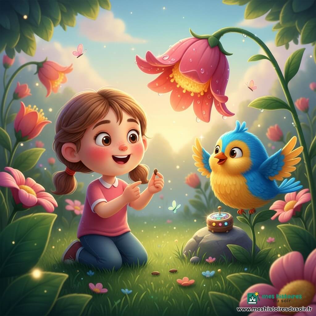 Une fillette de 4 ans au visage rond et aux joues roses, cheveux châtain clair en deux couettes, yeux grands et brillants, expression émerveillée et joyeuse, agenouillée dans l’herbe, tenant une petite graine et regardant une fleur qui pousse rapidement en grande corolle aux pétales s’ouvrant lentement et gouttes de rosée scintillantes; à sa droite, un oiseau coloré nommé Pico, grand et rond, plumes bleu vif avec touches jaunes, perché sur une tige fleurie et battant doucement des ailes; aucun autre humain au premier plan, en arrière-plan une petite boîte brillante de « machine à voyager dans le temps » ronde avec boutons lumineux posée sur un rocher; décor : jardin ancien et magique à herbe très verte, fleurs géantes roses et orange, larges feuilles, petits papillons et lumières scintillantes sous un ciel pastel, ambiance chaleureuse, couleurs saturées et textures douces comme des figurines en plastique peint.