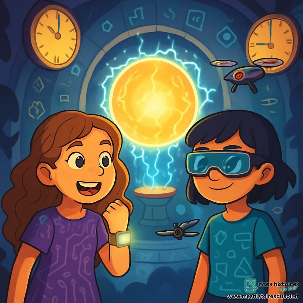 Lila, une fille de 10 ans aux cheveux longs et bouclés châtain clair, porte une robe violette avec des motifs de circuits et tient un bracelet digital brillant. Jade, également âgée de 10 ans, a des cheveux courts et raides noirs, des lunettes de réalité augmentée et un t-shirt futuriste. Elle observe son mini-drone qui vole autour d'elle. L'action se déroule dans la salle de l'Orbe de Fusion, un espace magique avec des glyphes lumineux, un orbe flottant au centre et des horloges géantes émettant des sons mélodieux. Lila et Jade fusionnent leurs pouvoirs pour vaincre le Néant, éclairées par la lumière de l'Orbe, tandis que des ombres menaçantes s'éloignent.