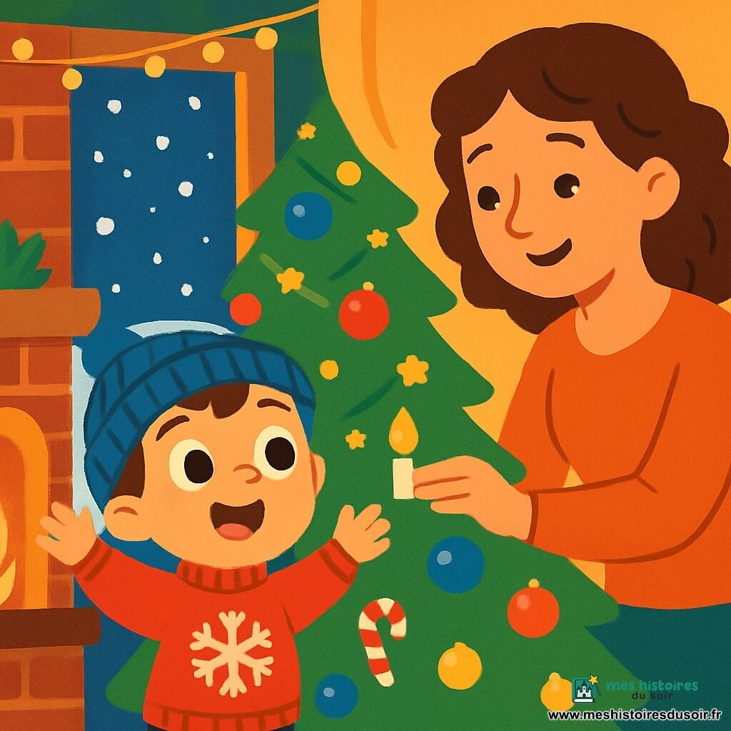 Un petit garçon de 4 ans, nommé Louis, regarde émerveillé la neige tomber par la fenêtre. Il porte un pull rouge avec des flocons de neige et un bonnet bleu. Sa maman, d'une trentaine d'années, allume des bougies sur le sapin, avec un regard chaleureux. Le salon est décoré de guirlandes scintillantes et d'un grand sapin illuminé, créant une atmosphère magique et festive de Noël. Louis s'exclame joyeusement en voyant les flocons de neige, tandis que sa maman sourit tendrement.
