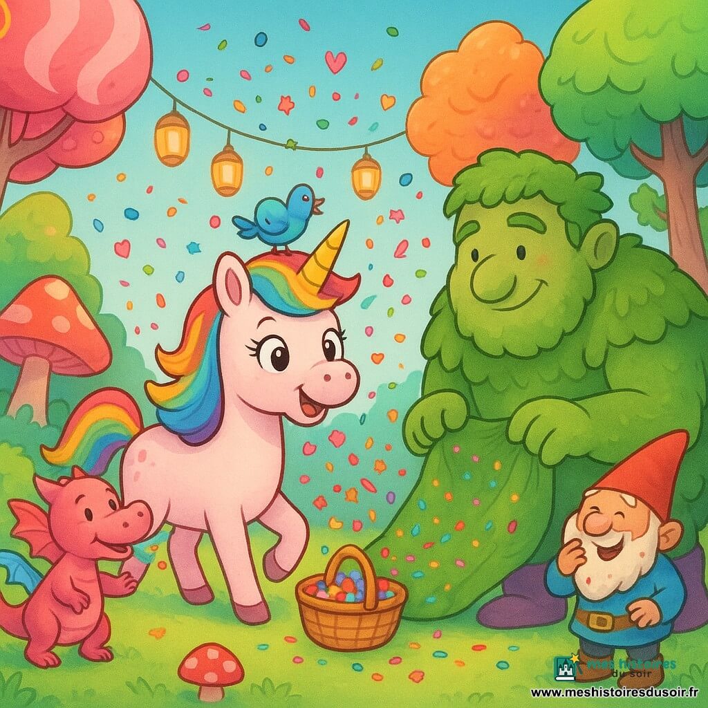 Lila, une licorne fille aux yeux émerveillés, crinière arc‑en‑ciel brillante, pelage nacré légèrement rosé et corne dorée, trotte au centre en tenant un panier en osier rempli de confettis colorés; Pipo, petit dragon garçon rose et maladroit, souffle pour diriger les confettis, avec de petites ailes translucides et de discrètes flammes bleues au museau; Melody, une mésange femelle bleue, perchée sur la corne de Lila, chante avec un petit sourire; Gribou, un grand géant de mousse doux et protecteur, agenouillé, tient une nappe de feuilles pour récolter les confettis et porte des bottes violettes; un vieux gnome barbu, surpris et rigolard, rit au bord de la scène avec des confettis collés à sa barbe. Le tout se déroule dans une clairière sucrée aux herbes pastel, champignons rayés et arbres en forme de bonbons, sous une lumière dorée et un ciel bleu pâle, tandis qu'une pluie joyeuse de confettis formant étoiles et cœurs tourbillonne autour des personnages dans une ambiance festive, drôle et chaleureuse.