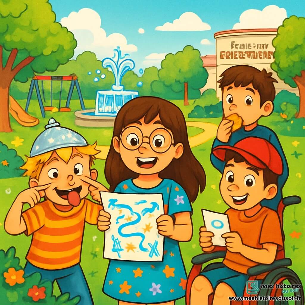 Quatre enfants sont présents : Léa, 9 ans, avec de longs cheveux bruns et des lunettes rondes, porte une robe colorée et tient une carte dessinée à la main ; Max, 8 ans, avec des cheveux blonds en bataille et un t-shirt à rayures, fait une grimace amusante avec un bandeau en papier d'aluminium ; Théo, 9 ans, avec des cheveux châtains et une casquette rouge, est assis dans un fauteuil roulant rouge, tenant un indice en papier ; Sam, 9 ans, avec des cheveux bruns et un pull bleu, grignote un biscuit en observant. L'action se déroule dans le parc de l'école des Étoiles Filantes, un lieu verdoyant avec des arbres, des fleurs et une fontaine. Les enfants participent à une chasse au trésor intergalactique, riant et cherchant des indices cachés.