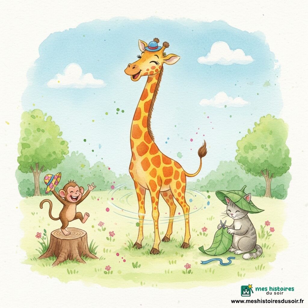 Une grande girafe souriante aux taches jaune-orangé, yeux doux et longs cils, tourne le cou élégant légèrement incliné en essayant d'abord un chapeau trop petit puis en portant fièrement un grand chapeau vert fait de feuille; à gauche, un petit singe brun malicieux rit en sautillant sur une souche en tenant un chapeau coloré trop petit; à droite, un chat gris clair, calme, assis sur l'herbe, fabrique le grand chapeau avec une feuille, des ciseaux et un ruban bleu; la scène se déroule dans une clairière herbeuse parsemée de petites fleurs roses et blanches, sous un ciel bleu avec quelques nuages et des arbres verts en arrière-plan, tous les animaux riant ensemble dans une ambiance ludique et colorée.