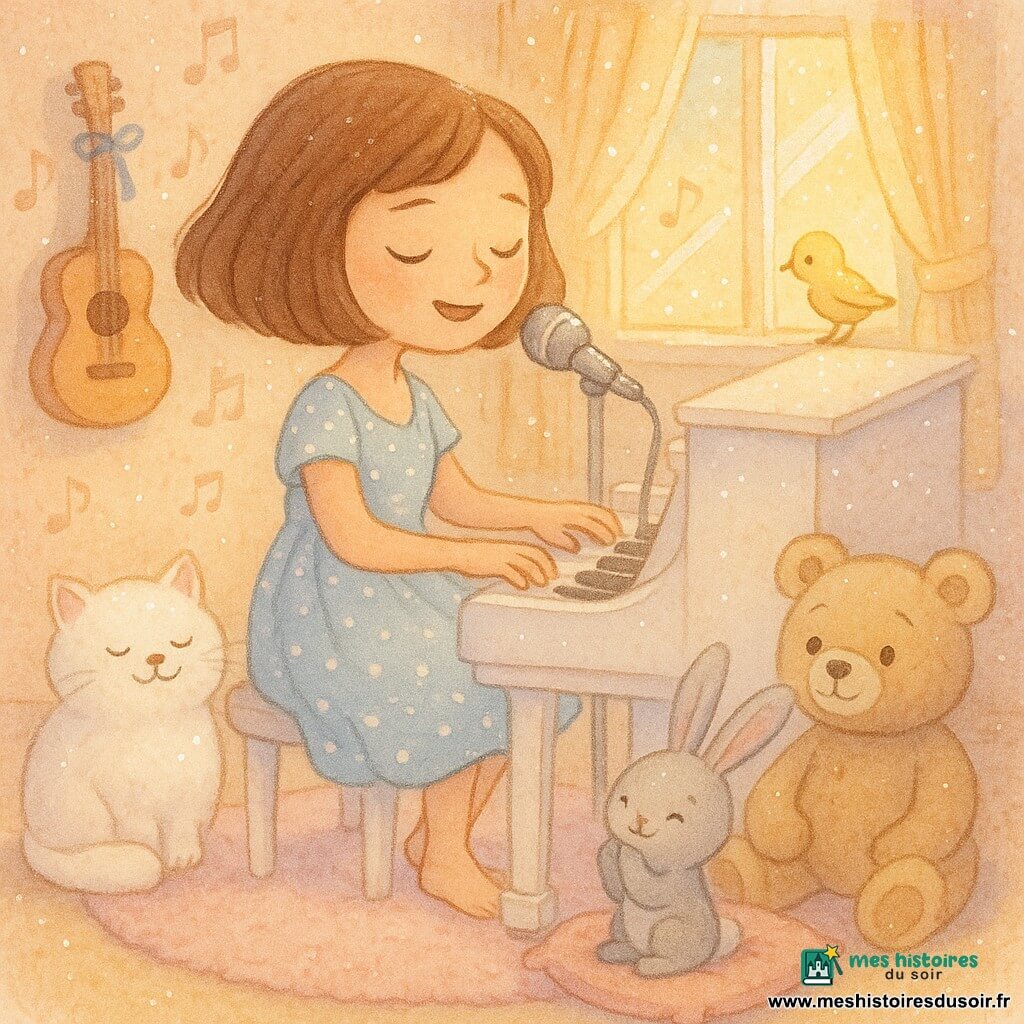 Louisa, souriante et sereine, joue du piano debout et chante doucement, cheveux châtains au carré, robe légère à pois bleus, pieds nus sur un tapis moelleux; à sa gauche un chat blanc pelucheux ronronne, à sa droite un petit lapin gris applaudit depuis un coussin, une grosse peluche ours est assise derrière, un oiseau jaune posé sur la fenêtre l'écoute; la chambre-musique lumineuse contient un piano droit blanc, une guitare au mur, un micro sur pied et des rideaux jaunes laissant entrer un soleil doré; mini-concert intime, ambiance chaleureuse et paisible, rayons de soleil traversant des particules de poussière.