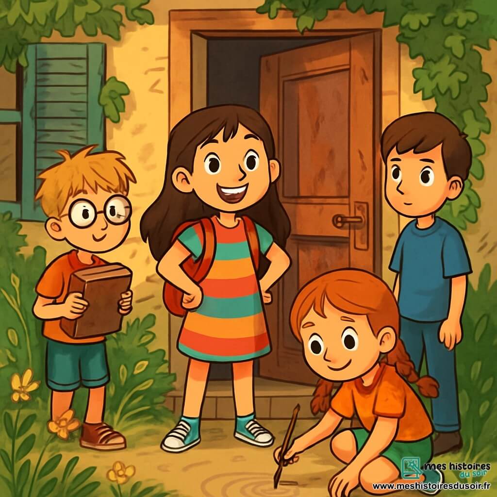 Quatre enfants se tiennent devant une vieille maison abandonnée. Léa, 10 ans, avec de longs cheveux bruns, porte une robe colorée et sourit en affichant une grande excitation. Tom, également 10 ans, a des cheveux blonds en bataille et des lunettes rondes, tenant un vieux livre avec une expression curieuse et inquiète. Clara, 9 ans, aux cheveux roux et tressés, dessine dans le sable, les yeux brillants d'imagination. Max, 10 ans, avec des cheveux châtains, observe la maison avec sérieux. La maison, entourée de lierres et de fleurs sauvages, a des volets fermés et une porte rouillée. Les enfants, prêts à entrer, sont dans une ambiance mystérieuse, Léa poussant la porte qui grince, tandis que Tom ressent un mélange d'excitation et de peur.