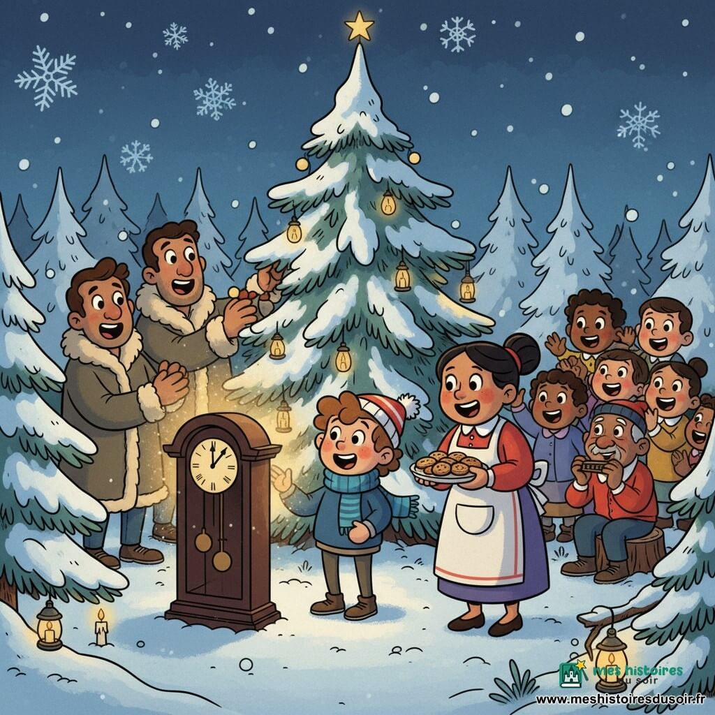 Un garçon de 8 ans émerveillé, bonnet rayé et grosse écharpe, tend la main vers une horloge ancienne en bois posée au pied d’un vieux sapin illuminé; à ses côtés sa mère souriante tient un plat de biscuits, son père accroche des guirlandes et, en arrière-plan, un vieil homme joue de l’harmonica tandis que des enfants rient; la clairière enneigée, les lampes et la lumière dorée qui s’échappe de l’horloge créent une ambiance chaleureuse, magique et conviviale.