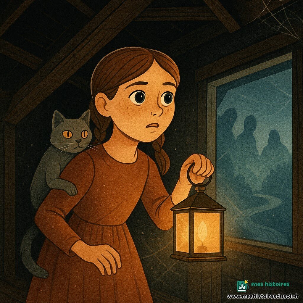 Léonie, 10 ans, visage rond et taches de rousseur, cheveux châtain en deux nattes, yeux grands et humides de peur mais déterminée, tient une petite lanterne métallique à lumière chaude; un chat gris cendré aux yeux dorés est perché sur son épaule droite; dans le halo de la lanterne flottent des silhouettes floues et translucides près des murs d’un grenier ancien aux poutres sombres, plancher craquant, fenêtre à guillotine entrouverte, toiles d’araignée et poussière visible dans les rayons; la fenêtre donne sur une brume bleutée où un sentier tournoie; Léonie est penchée vers l’ouverture, prête à franchir le seuil, robe simple gonflée par un vent invisible, ambiance sépia et gris contrastant avec la lumière chaude et des reflets bleus, style épuré art déco.