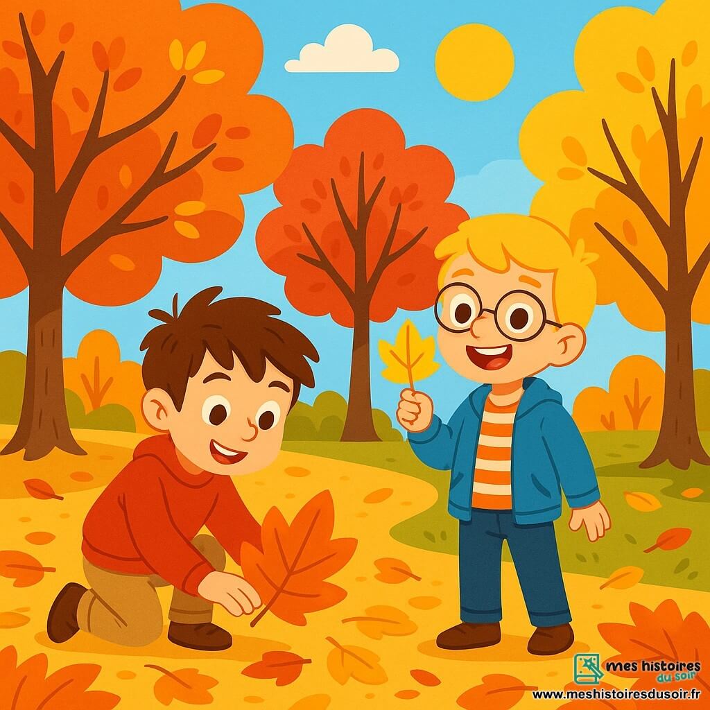 Deux garçons de 8 ans, Lucas et Hugo, sont dans un parc d'automne. Lucas, avec des cheveux bruns en bataille, porte un pull rouge et ramasse une grande feuille orange. Hugo, aux cheveux blonds et lunettes rondes, sourit en tenant une feuille jaune. Le parc est rempli d'arbres aux feuilles rouges, oranges et jaunes, et le sol est couvert de feuilles croustillantes sous un doux soleil d'octobre. Les deux amis, émerveillés par la nature, ramassent des feuilles colorées pour un projet scolaire sur l'automne, riant et s'amusant ensemble.