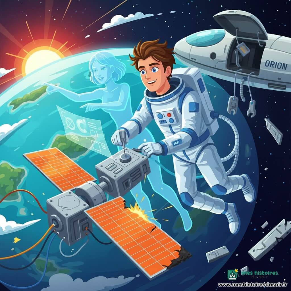 Un homme d’environ 28 ans aux cheveux bruns en bataille et aux yeux bleus, souriant mais concentré, en combinaison spatiale blanche à touches bleues flotte en apesanteur en vissant un module argenté sur le satellite endommagé Elara; une IA holographique bleu translucide, silhouette féminine élégante, le guide en pointant des schémas lumineux; le vaisseau Orion, lisse et argenté, avec une trappe ouverte et des outils suspendus, se tient derrière eux; Elara présente de grands panneaux solaires orange et gris, câbles et boîtiers métalliques avec une arête étincelante brûlée; en arrière-plan la planète Xanthos aux océans turquoise et îles vertes, un champ de débris métallique flottant et un disque solaire éclatant projetant bandes rouges et jaunes annonçant une tempête solaire imminente — scène dynamique et urgente de réparation en apesanteur, éclairage contrasté, couleurs vives et expressions lisibles.