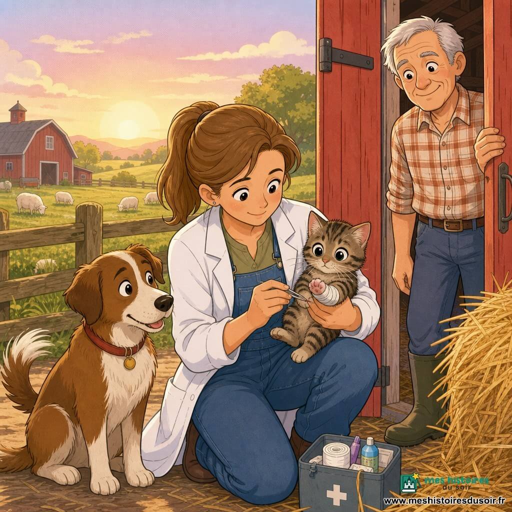 Clara, vétérinaire d'environ 30 ans, cheveux châtain clair en queue de cheval, en blouse blanche et salopette en jean, est agenouillée en train d'enlever délicatement une petite épine de la patte d'un chaton tigré mâle au coin des mains, patte légèrement bandée et rosée ; Monsieur Martin, homme d'une soixantaine d'années aux cheveux gris et au visage ridé, souriant, tient la porte de la grange rouge ouverte et regarde la scène avec bienveillance ; Max, chien de ferme marron et blanc à la queue battante, est assis à côté, observant ; la ferme au petit matin montre un champ herbeux, une clôture en bois, des bottes de foin doré, des moutons paissant au loin et un ciel pastel baigné de la chaude lumière du soleil levant ; ambiance tendre et calme, couleurs chaudes et textures de crayon doux, composition centrée sur les gestes et les expressions affectueuses.