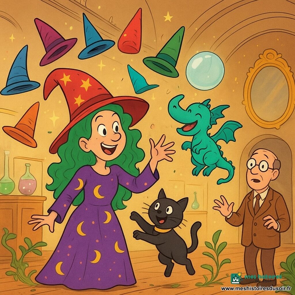 Une sorcière joyeuse et malicieuse aux longs cheveux verts bouclés, grand chapeau pointu rouge étoilé et robe violette à lunes, sourit en faisant voler plusieurs chapeaux ; son petit chat noir Pépito au collier doré saute pour en attraper un, un mini-dragon turquoise crache une grosse bulle de savon transparente en voletant et riant, un gardien de musée d'environ 50 ans en costume brun et lunettes rondes recule en souriant près de l'entrée ; la grande salle voûtée du musée avec plancher en bois, vitrines de potions multicolores, miroirs dorés et guirlandes scintillantes baigne d'une lumière chaude féerique tandis que plantes grimpantes percent le sol et bulles géantes flottent dans un chaos joyeux et animé.