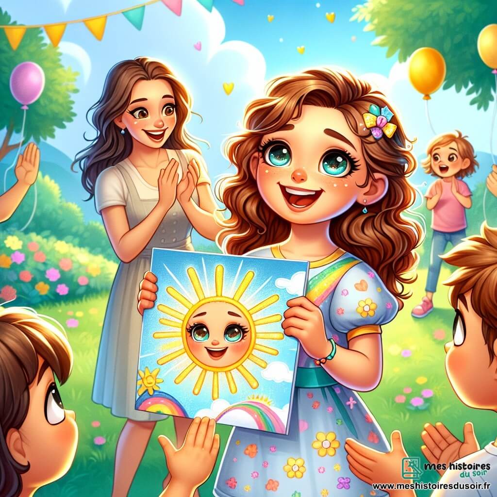 Une petite fille de 4 ans, Luna, se tient au centre de l'image, rayonnante de joie avec un dessin coloré d'un soleil dans les mains. À côté d'elle, sa maman l'encourage avec un sourire chaleureux, tandis que son papa applaudit avec enthousiasme. La scène se déroule dans un parc ensoleillé, entouré de fleurs et d'arbres, où des enfants jouent et des ballons flottent. Luna montre son dessin à ses amis, créant une atmosphère joyeuse et encourageante.