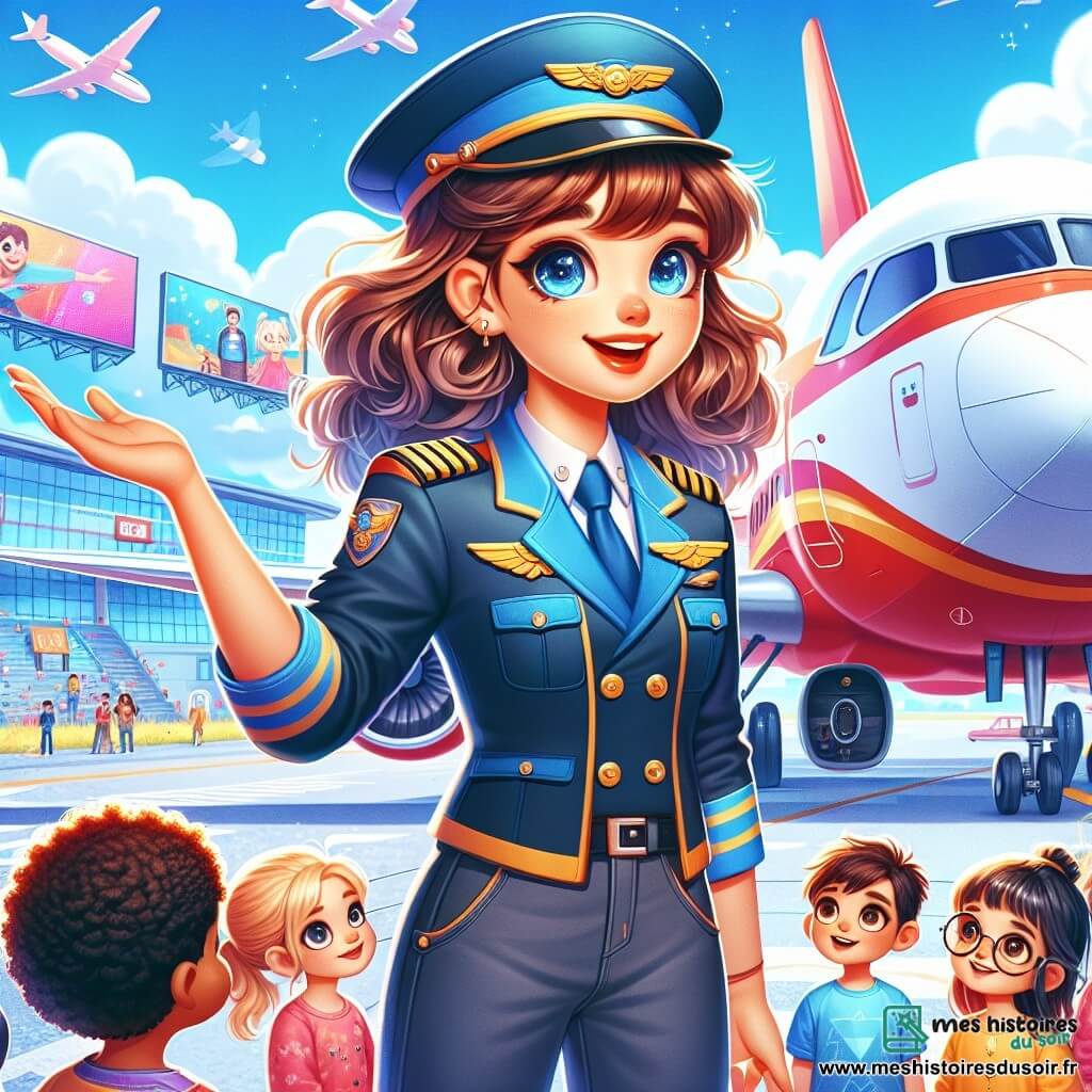 Zoé, une pilote souriante en casquette bleue et veste d’aviateur, se tient devant un grand avion blanc et rouge, les bras ouverts. À ses côtés, un groupe d’enfants de 7 à 10 ans l'observe avec émerveillement. Une petite fille en robe jaune lève la main pour poser une question, tandis qu'un garçon aux lunettes rondes regarde le cockpit, fasciné. L’arrière-plan montre un aéroport animé avec des avions, des nuages blancs dans un ciel bleu et des panneaux colorés. La scène illustre Zoé expliquant aux enfants le fonctionnement de l’avion, prête à les emmener dans un voyage magique.