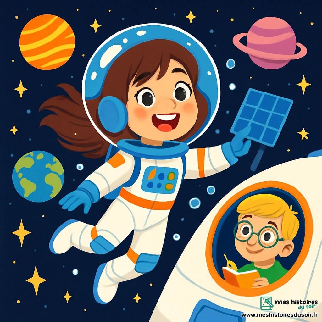 Chloé, une jeune femme astronaute, flotte avec émerveillement dans l'espace, ses yeux brillants de joie. Elle porte une combinaison spatiale blanche avec des détails colorés et un casque transparent reflétant les étoiles. Ses cheveux bruns flottent en apesanteur. À proximité, Paul, un garçon de 10 ans aux cheveux blonds et lunettes rondes, l'observe avec admiration depuis le hublot du vaisseau spatial, tenant un carnet de croquis. Le vaisseau est entouré d'un océan d'étoiles et de planètes colorées, avec la Terre en arrière-plan. Chloé ajuste un panneau solaire à l'extérieur du vaisseau, souriante, tandis que des gouttelettes d'eau flottent autour d'elle.