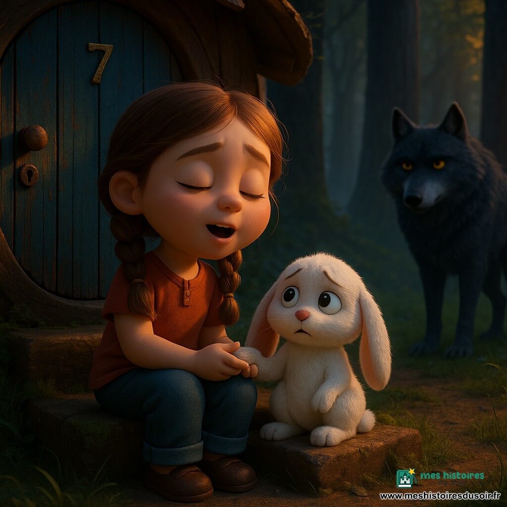 Fille de six ans au visage rond et aux cheveux châtain clair en deux tresses, yeux grands et brillants, expression douce et courageuse, chantant une berceuse en tenant la patte du petit lapin Plume, pelage blanc duveteux, oreilles longues et tombantes, yeux inquiets apaisés, blotti sur la marche devant la porte d'une petite maison ronde en bois au numéro 7 peint en bleu usé, mousse sur les bords, au milieu d'une clairière herbeuse bordée d'une forêt au crépuscule aux troncs hauts et feuillage dense, rayons dorés perçant entre les branches et légère brume bleutée au sol ; au bord de la clairière, un grand loup gris foncé au pelage texturé et yeux ambres luisants observe à distance sans s'approcher, la lumière chaude tombant d'un trou dans les arbres créant une atmosphère tendre et sécurisante.