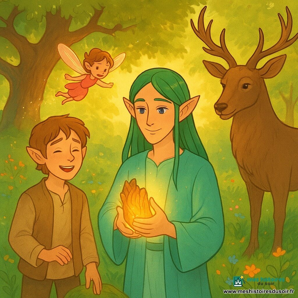 Elion, elfe au visage serein aux yeux bleu profond et cheveux verts, tient une écorce lumineuse au centre; Tylian, elfe au regard ému et cheveux châtain clair, se tient sur une pierre moussue à gauche; Lira, petite fée espiègle aux ailes roses et dorées, vole en laissant une traînée de poussière d’or; un vieux cerf majestueux à droite incline la tête comme une bénédiction; la clairière luxuriante — herbe épaisse, fleurs multicolores, vieux chêne aux racines banquettes — baigne dans une lumière dorée; ambiance douce et chaleureuse célébrant la réconciliation et le retour de l’harmonie.