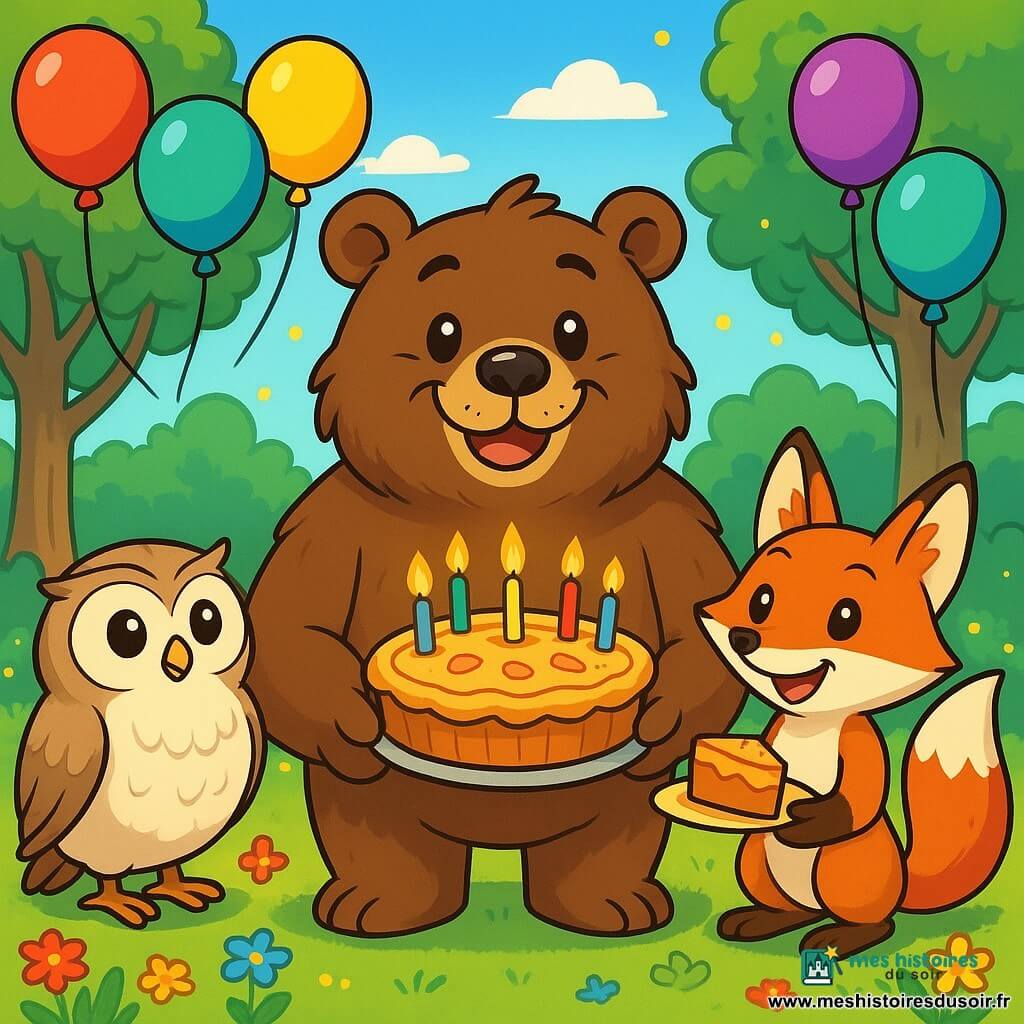 Barnabé, un grand ours brun aux yeux pétillants, se tient au centre d'une clairière ensoleillée avec un sourire radieux. Il est entouré de ballons colorés et tient un gâteau aux pommes décoré de bougies. À sa droite, Renarde, une renarde au pelage roux, sourit en tenant une part de gâteau, tandis qu'à sa gauche, Lili, une chouette aux plumes blanches, observe avec excitation. La clairière est entourée d'arbres majestueux et de fleurs colorées dansant au vent, tandis que des lucioles commencent à s'allumer. L'ensemble crée une atmosphère joyeuse et festive pour célébrer l'anniversaire de Barnabé.