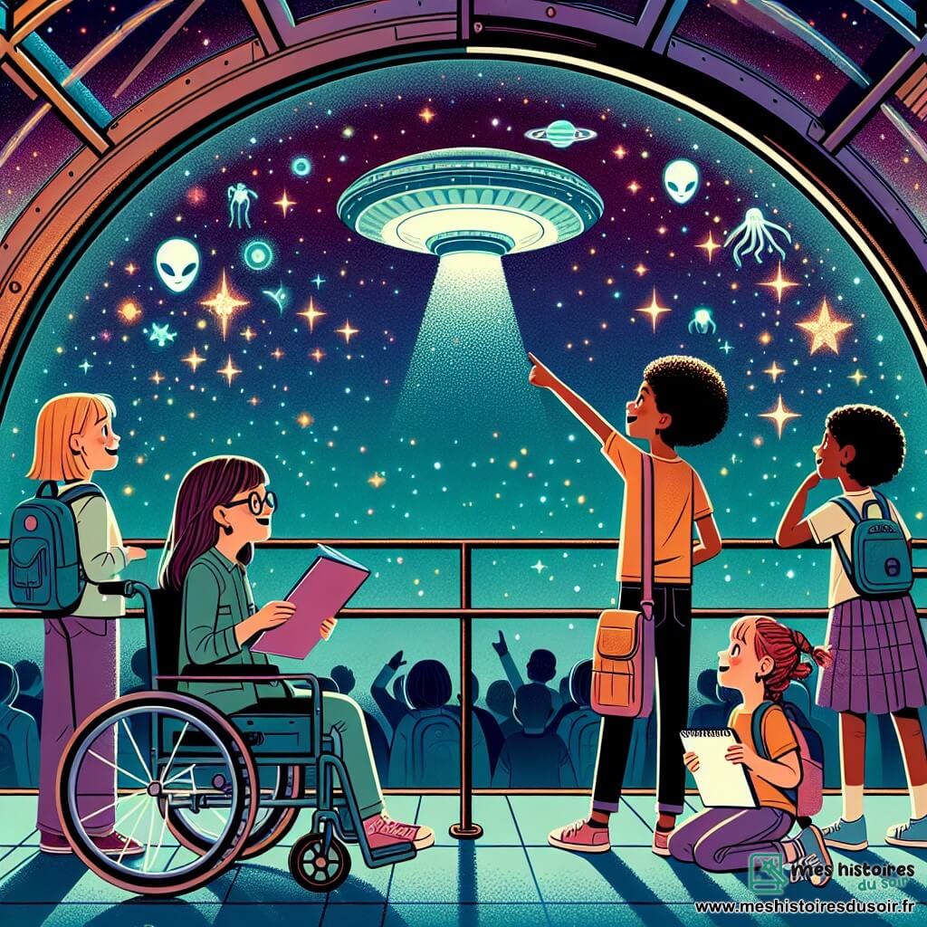 Dans une station spatiale futuriste, quatre filles sont réunies devant une baie vitrée. Emma, 10 ans, en fauteuil roulant, admire les étoiles. Zoé, 9 ans, aux cheveux blonds, pointe un vaisseau extraterrestre, excitée. Sarah, 10 ans, avec des cheveux noirs, affiche un sourire sceptique, tandis que Lila, 9 ans, aux cheveux roux, prend des notes. La scène se déroule dans la section d'observation avec un plafond en verre, offrant une vue sur l'espace. Des lumières colorées entourent un vaisseau extraterrestre, créant une atmosphère magique. Les filles découvrent l'arrivée des Lumineux, des extraterrestres pacifiques, prêts à échanger des connaissances.