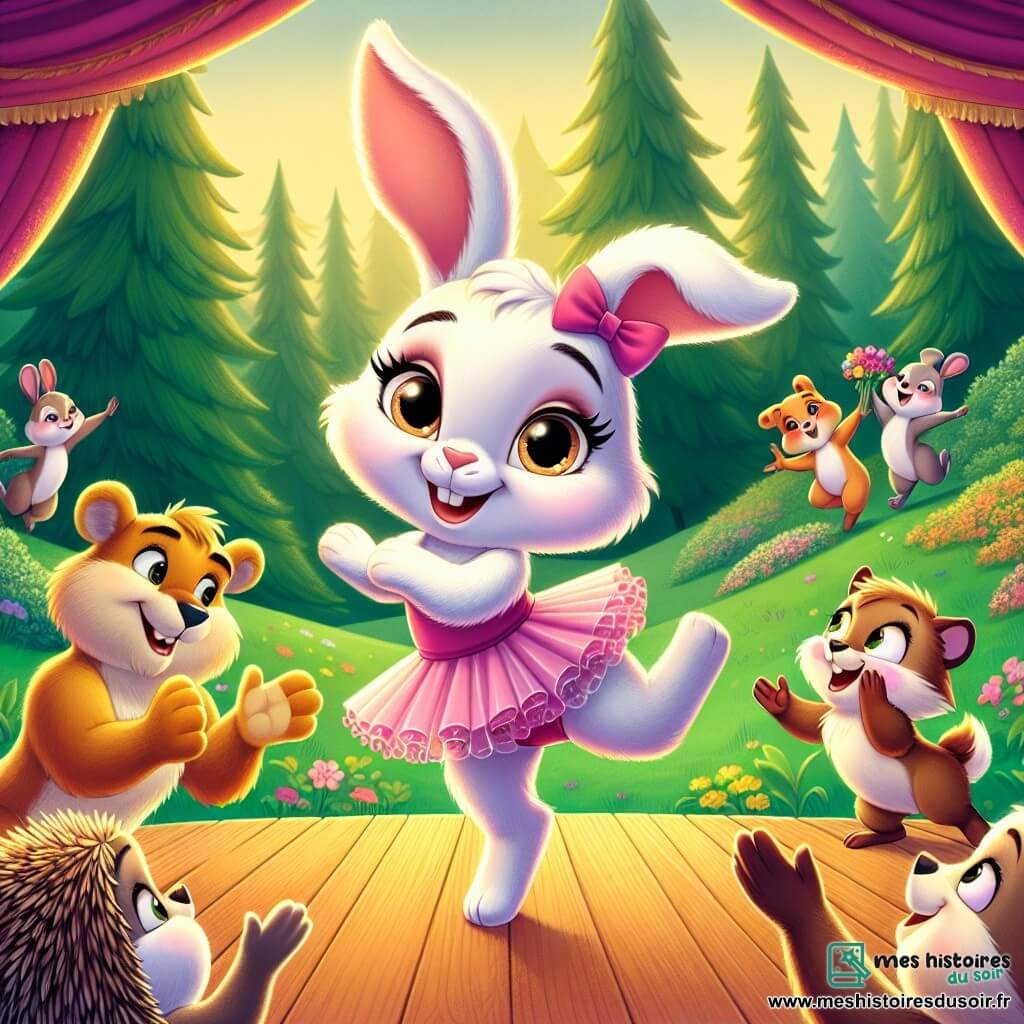 Lila, une petite lapine aux grandes oreilles et à la fourrure blanche, danse joyeusement sur une scène en bois, son visage rayonnant de bonheur. Elle porte un tutu rose et lève ses pattes avant en exprimant sa passion pour la danse. Léon, un lionceau aux poils dorés, applaudit fièrement à gauche, tandis que Sacha, un hérisson aux piquants bruns, saute de joie à droite avec des fleurs colorées pour encourager Lila. Le décor est une prairie verdoyante sous la lumière dorée du soleil couchant, entourée d'arbres majestueux et d'animaux captivés par la performance. Lila danse avec grâce, créant une atmosphère festive où l'amitié et la passion pour la danse s'harmonisent.