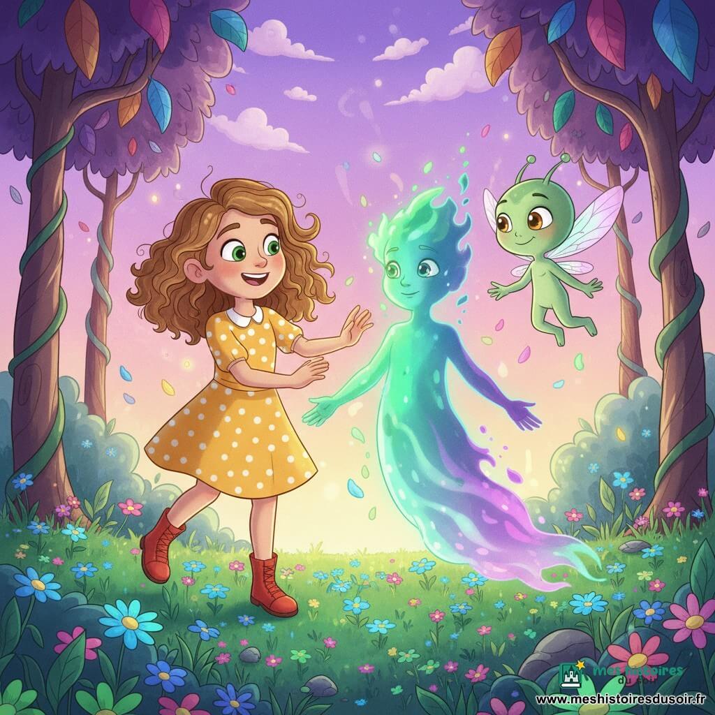 Émilie, 8 ans, souriante et émerveillée, cheveux bouclés châtain clair, yeux verts, robe jaune à pois blancs et bottines rouges, tend la main vers Zilly, petite créature extra‑terrestre pâle, yeux ambrés brillants et ailes translucides irisées qui flotte à sa droite; devant elles, Lumis, ancienne Ombre en transformation, silhouette fluide mi‑brume mi‑lumière d’où jaillissent des couleurs émeraude et violet, côté gauche encore sombre, côté droit lumineux, visage adouci et étonné; elles se trouvent dans la vallée enchantée de l’Arc‑en‑Ciel, sol couvert de fleurs luminescentes bleues, roses et vert néon, arbres à troncs spiralés et feuilles plume multicolores sous un ciel violet parsemé de nuages en forme de bonbon, lumière douce de crépuscule — moment magique où la couleur revient : lumière jaillissante de Lumis, pétales qui s’illuminent et tourbillonnent, ambiance chaleureuse et fort contraste entre zones grises et zones retrouvant leurs teintes vives.