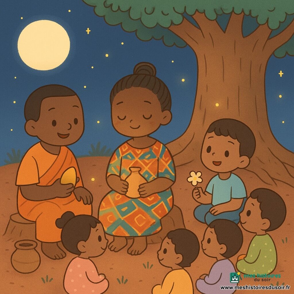 Aïssatou, souriante et apaisée, cheveux tressés en chignon, robe aux motifs géométriques, tient une petite calebasse posée sur ses genoux et chuchote; Bara, vendeur de mangues d'environ 35 ans en pagne orange, est assis à sa gauche en souriant et tenant une mangue; Tiémoko, garçon d'environ 10 ans à la coiffure courte, assis près des racines, tient une petite fleur et la regarde avec étonnement et joie; un groupe d'enfants mixtes de 4 à 8 ans, en pyjamas colorés, est assis en cercle autour du baobab, gigotant calmement avec des yeux brillants et des sourires tranquilles; lieu au pied d'un énorme baobab aux racines en fauteuils et écorce rugueuse, sol de terre rouge, quelques herbes et poteries, lucioles jaunes et une calebasse éclairent les visages sous une lune ronde dans un ciel indigo étoilé, atmosphère nocturne douce, calme et réconfortante alors qu'Aïssatou raconte une histoire chuchotée.