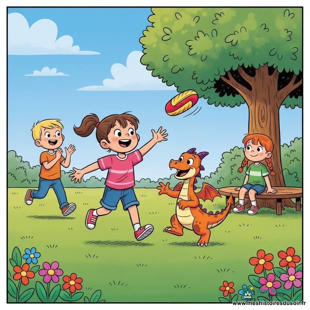 Une fillette de 2 ans, souriante, cheveux bruns en couettes, lance un volant magique rouge et jaune ; Flamme, un petit dragon orange et violet, doux, l’attrape à sa droite ; un garçon de 3 ans, blond et enthousiaste, applaudit en courant depuis l’arrière-plan gauche ; une fille de 4 ans, rousse en tresses, attend son tour assise sur un banc rond près d’un grand arbre ; parc ensoleillé avec pelouse verte, arbre à feuilles rondes, fleurs colorées et ciel bleu ; ambiance conviviale de partage et de jeu, couleurs vives, composition centrée sur la fillette et le dragon.