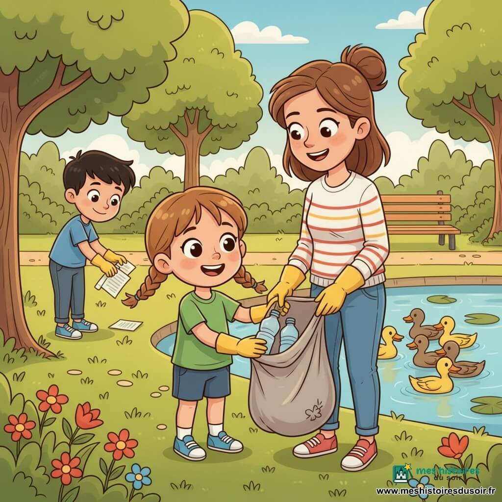 Une fillette de 6 ans, châtain clair en couettes, souriante, porte un t-shirt vert et des gants jaunes et ramasse une bouteille en plastique; sa mère d'environ 30 ans, cheveux bruns attachés, en tenue décontractée tient un sac poubelle ouvert et la regarde fièrement; un garçon de 7 ans, cheveux noirs courts, aide en ramassant un papier en arrière-plan; des canards nagent à droite dans un lac; le parc lumineux avec pelouse verte, arbres, banc, sentier en gravier et fleurs rouges et bleues; scène centrée sur une action collective de nettoyage, atmosphère positive et couleurs chaudes.