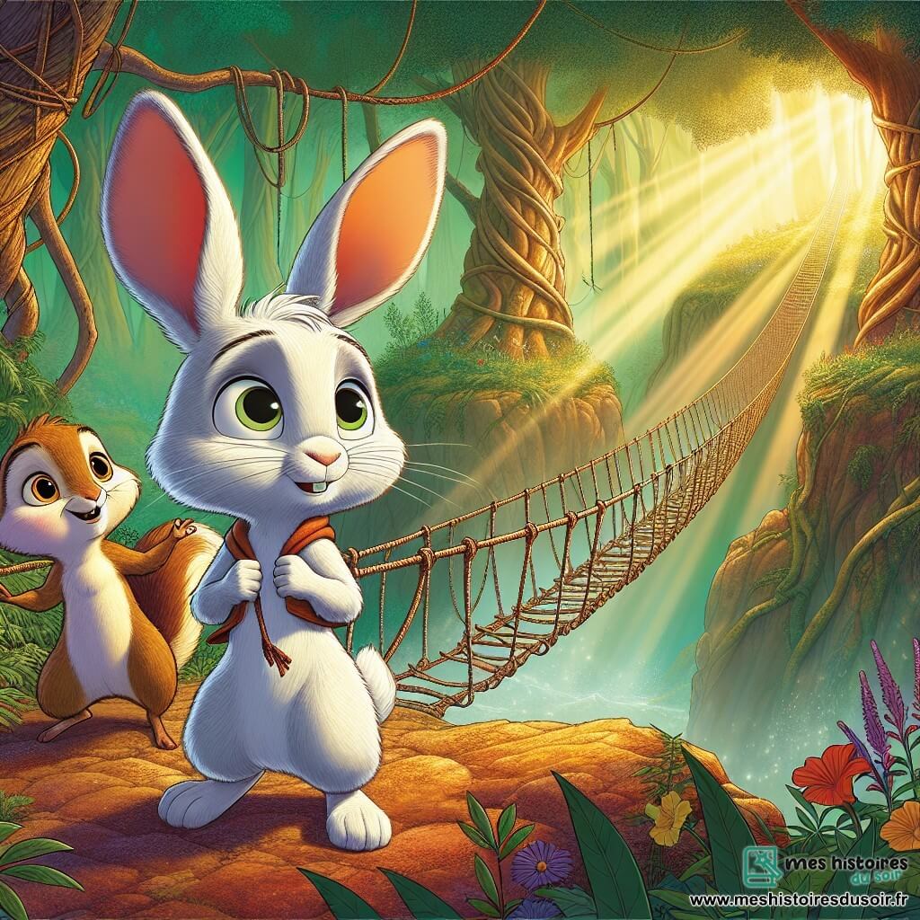 Léo, un petit lapin blanc aux grandes oreilles, se tient au bord d'un ravin, son visage exprimant détermination et excitation. Ses yeux brillent d'aventure en regardant le pont de lianes qui se balance au-dessus du vide. À ses côtés, Pipo, un écureuil espiègle au pelage brun, sourit en pointant le chemin. La scène se déroule dans la Forêt des Murmures, où des arbres majestueux s'élèvent et des fleurs colorées parsèment le sol sous une lumière dorée. Léo et Pipo se préparent à traverser le Pont du Vent, une structure oscillante, prêts à relever leur première épreuve pour rencontrer le Dragon des Ombres.
