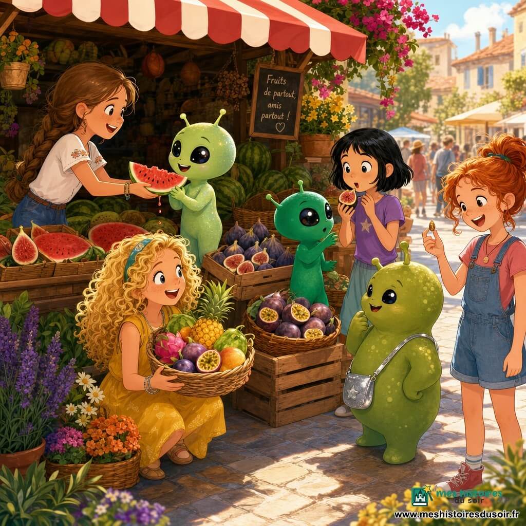 Sept personnages : quatre fillettes (10 ans tresse châtain clair offrant une tranche de pastèque, 9 ans cheveux courts goûtant une figue, 11 ans blonde bouclée montrant un panier de fruits tropicaux, 10 ans rousse tenant une petite graine brillante) et trois petits extraterrestres verts de tailles variées partageant et découvrant les fruits; décor : marché de village en plein jour avec étals en bois, auvent rayé rouge et blanc, caisses de pastèques, figues et fruits de la passion, paniers en osier et fleurs en pots; scène : rencontre joyeuse au stand de fruits, échanges de nourriture et de sourires, jus de pastèque qui coule, couleurs vives et ambiance magique.