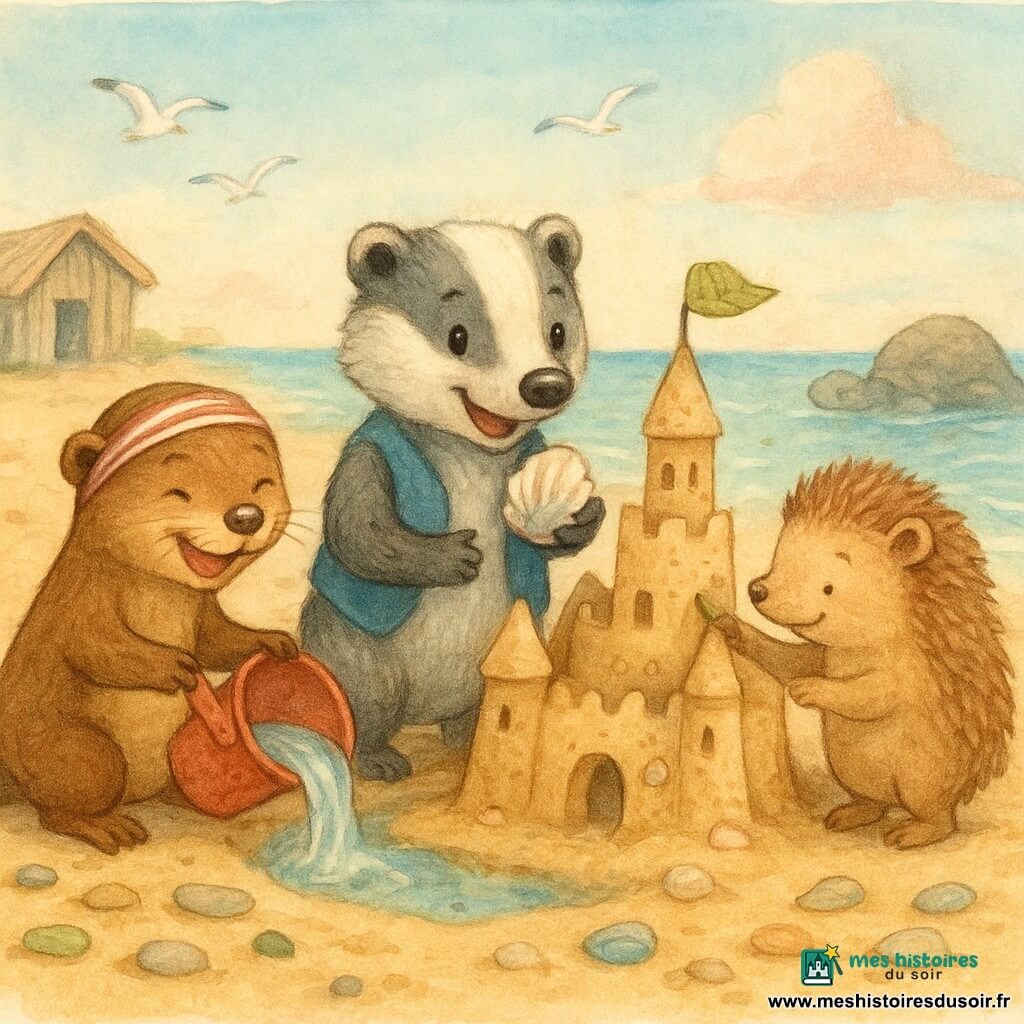 Malo, jeune blaireau à la fourrure grise et blanche, sourit, porte un petit gilet bleu et tient un coquillage nacré devant un seau rouge rempli de trésors ; Lila, loutre brune au pelage luisant, rit et verse de l’eau dans le fossé à gauche du château en portant un bandeau rayé ; Hugo, petit hérisson rond aux piquants brun clair, concentré et heureux, plante un drapeau de feuille sur la plus haute tour à droite ; plage de sable doré parsemée de galets et de morceaux de verre polis, vieille cabane en bois flotté et rocher en forme de tortue en arrière-plan, vagues turquoise, ciel clair avec quelques nuages roses d’été, mouettes et reflets dorés ; scène : les trois amis construisent un grand château de sable détaillé avec fossé, drapeaux de feuilles et coquillages incrustés, ambiance ensoleillée, style aquarelle doux aux couleurs pastel et texture granuleuse.
