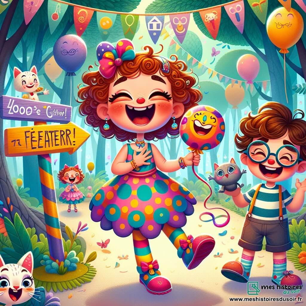 Zoé, une fille de 7 ans aux cheveux bouclés et aux yeux malicieux, est au centre de l'image, riant avec un coussin péteur à la main. Elle porte une robe à pois et des chaussettes dépareillées. À côté d'elle, Hugo, un garçon de 7 ans avec des lunettes rondes et un sourire contagieux, tient un ballon en forme de chat en riant de la blague de Zoé. La scène se déroule dans la forêt des Plumes, avec des arbres ressemblant à des plumes de perroquet et des ballons colorés flottant. Des pancartes amusantes ajoutent à l'ambiance joyeuse. Ils participent à la Grande Fête des Farceurs, entourés d'autres enfants, tandis que le Grand Farceur Mystérieux, un clown coloré, les observe avec un sourire bienveillant.