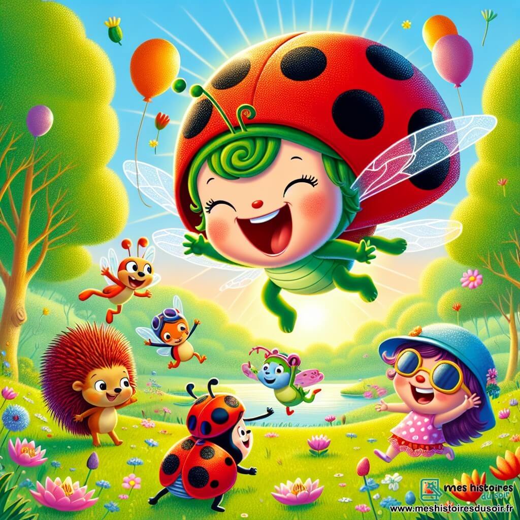 Lili, une coccinelle aux ailes translucides et au dos rouge à pois noirs, vole joyeusement au-dessus d'une clairière ensoleillée. Elle sourit en distribuant des chapeaux en feuilles de nénuphar à ses amis. Hector le hérisson, avec sa casquette de travers, rit en essayant un chapeau, tandis que Zoé la grenouille, portant des lunettes de soleil, saute de joie pour un concours de saut. La clairière, entourée d'arbres majestueux et de fleurs colorées, est décorée de ballons flottants. Lili et ses amis préparent une fête pleine de rires et de bonne humeur.