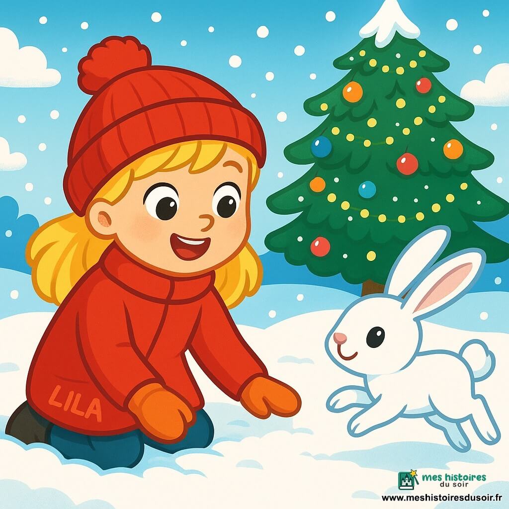Une petite fille de 6 ans, Lila, avec des cheveux dorés et un grand sourire, est agenouillée dans la neige, caressant la poudreuse douce. Elle porte un manteau rouge, un bonnet en laine et des gants assortis. À côté d'elle, un lapin blanc bondit joyeusement dans la neige, l'invitant à le suivre. En arrière-plan, un sapin décoré de guirlandes scintillantes se dresse, illuminé par le soleil. La scène se déroule dans un jardin féerique, où la neige crée un paysage enchanteur, avec des flocons tombant doucement du ciel. Lila, émerveillée, suit le lapin dans une clairière magique, où la neige est vierge et immaculée.