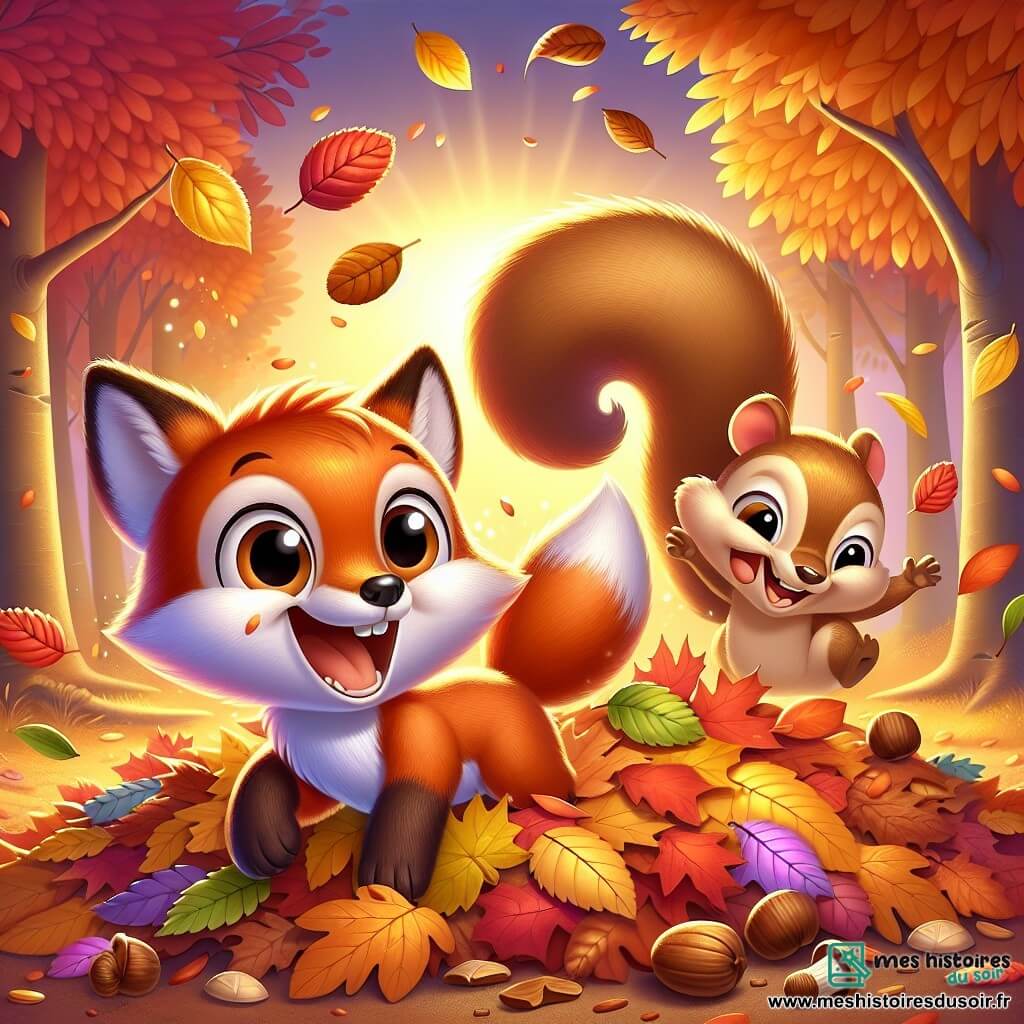 Illustration d'un petit renard au pelage roux brillant, aux yeux curieux et souriant, sautant dans un tas de feuilles colorées. À proximité, un écureuil brun clair, à la queue touffue et aux yeux malicieux, rit en ramassant des noix. Le décor est une forêt enchantée en automne, avec des arbres aux feuilles jaunes, rouges et oranges, et une lumière dorée du soleil couchant. Le renard et l'écureuil s'amusent ensemble, entourés de feuilles tombées, célébrant l'automne avec rires et jeux, tandis que des feuilles tourbillonnent et quelques noix sont éparpillées au sol, sous un ciel orangé et violet.
