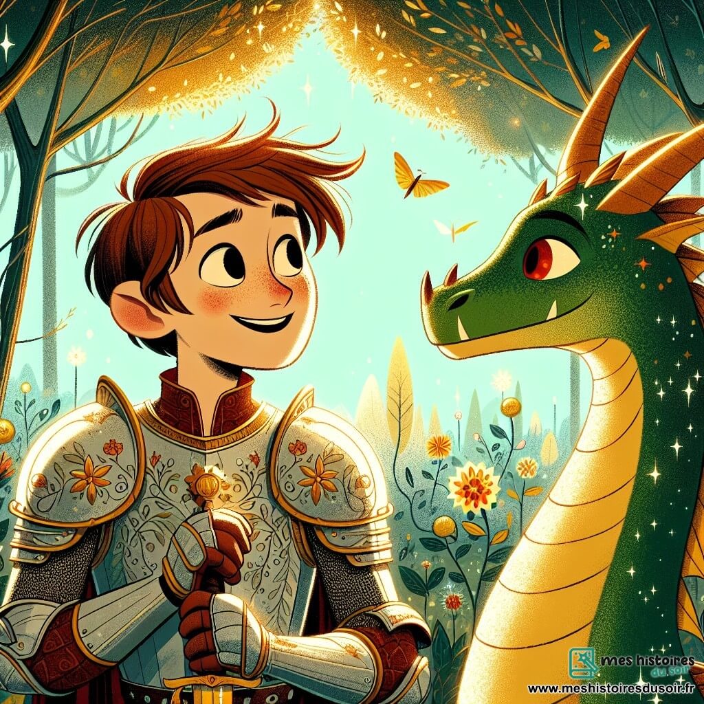 Au centre de l'image, un jeune chevalier nommé Arthur, âgé d'environ 12 ans, se tient avec détermination. Il porte une armure brillante ornée de motifs floraux et sourit courageusement. Ses cheveux châtains flottent légèrement au vent, et il brandit une épée étincelante, prêt à affronter l'inconnu. À ses côtés, Drakos, un dragon majestueux aux écailles vertes, affiche une expression douce et amicale. Ses yeux rouges brillent de curiosité, et il incline sa tête vers Arthur, prêt à l'écouter. En arrière-plan, la forêt enchantée s'étend, avec des arbres aux feuilles dorées et des fleurs lumineuses scintillant comme des étoiles. La lumière du soleil filtre à travers les branches, créant une atmosphère magique. La scène représente la rencontre entre Arthur et Drakos, où le chevalier cherche à établir une alliance, tandis que le dragon, touché par la gentillesse d'Arthur, commence à ouvrir son cœur.