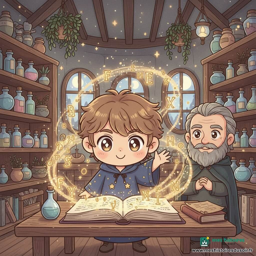 Timéo, un garçon apprenti sorcier aux yeux brillants et cheveux châtain clair en bataille, porte une robe bleu nuit étoilée et, émerveillé, tient un vieux grimoire ouvert sur une table en bois tandis qu'une main effleure une page qui s'illumine; en retrait à droite, Arvid, homme d'environ 60 ans, barbu gris et cape sombre usée, sourit bienveillant et observe, mains jointes. L'atelier d'alchimie, niché au cœur d'une forêt, présente grandes étagères en bois avec fioles lumineuses pastel, pots d'herbes, parchemins et plantes suspendues, fenêtres rondes laissant passer la lumière de la lune et des lucioles. Timéo récite une incantation: des lettres dorées et des filaments de lumière s'élèvent du grimoire, enveloppant la pièce de halos chauds et étincelles; l'ambiance est magique, rassurante et douce, tons chauds et contrastes pastel. Style chibi kawaii, traits ronds, couleurs vives mais douces, textures bois et verre légèrement détaillées, éclairage chaleureux et scintillant, composition centrée sur le cercle lumineux autour du grimoire.