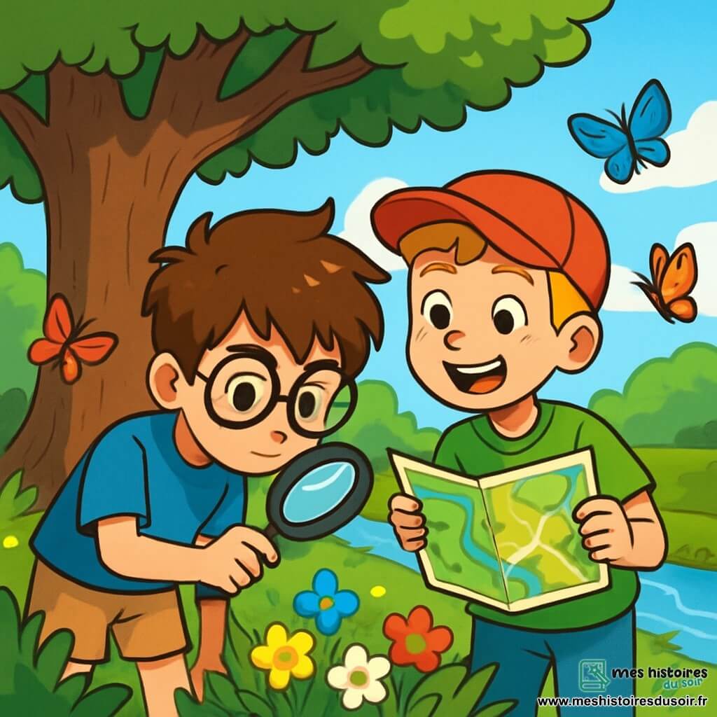 Maxime, un garçon de 10 ans aux cheveux bruns en bataille et lunettes rondes, porte un t-shirt bleu et un short beige, tenant une loupe en regardant le sol. Thomas, également âgé de 10 ans, a des cheveux blonds et des taches de rousseur, porte une casquette rouge et un t-shirt vert, et sourit en tenant une carte du parc. Ils se trouvent près d'un grand chêne dont les branches les protègent. Des fleurs colorées et un ruisseau scintillant les entourent. Ils sont en pleine enquête, scrutant le sol à la recherche d'indices, tandis que des papillons volent autour d'eux.