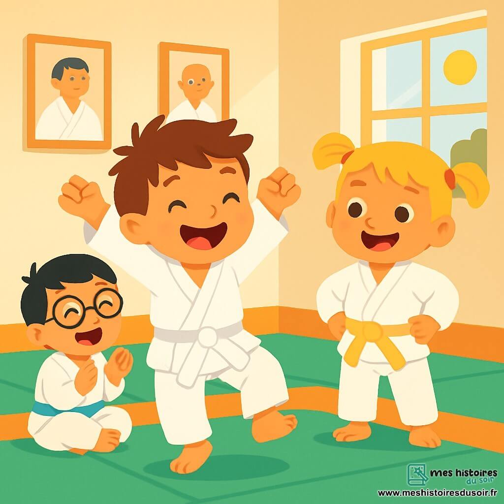 Léo, un petit garçon de 2 ans avec des cheveux bruns en bataille et un grand sourire, porte un kimono blanc et s'entraîne au judo, les bras levés. À ses côtés, Mia, une petite fille de 2 ans aux cheveux blonds en couettes, l'encourage avec un sourire. Tim, un autre garçon de 2 ans avec des lunettes et des cheveux noirs, est assis sur le tatami en riant et en applaudissant. La scène se déroule dans un dojo lumineux avec des tatamis verts et des posters de judokas. Léo, plein d'énergie, s'apprête à réaliser un saut acrobatique tandis que ses amis l'encouragent, créant une ambiance de camaraderie.