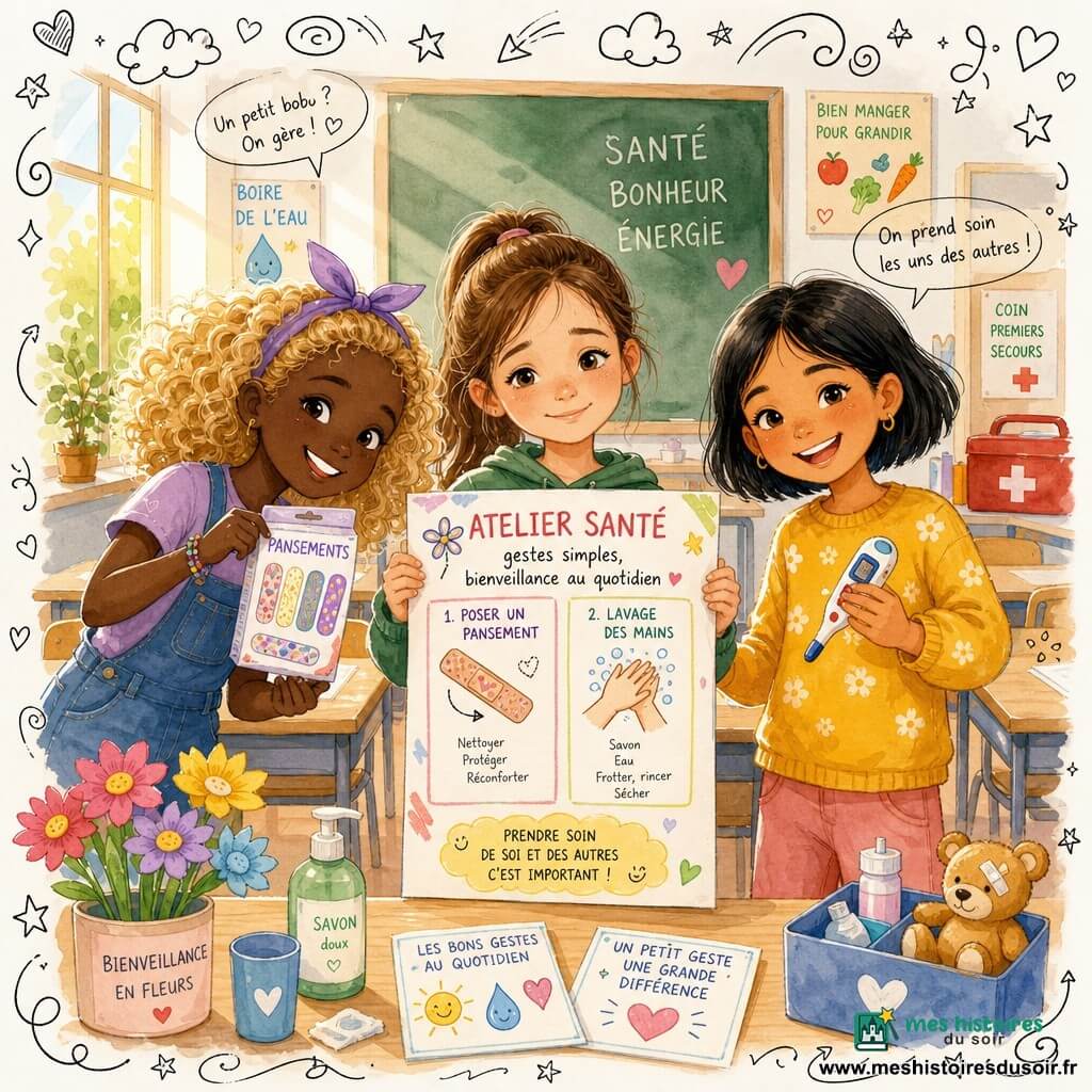 Trois filles de 8 ans présentent un atelier santé dans une salle de classe lumineuse : Clara, châtain en queue de cheval et teint pâle, tient une grande carte colorée au centre ; Léa, blonde bouclée au sourire espiègle, montre un paquet de pansements décorés à gauche ; Mia, cheveux noirs courts et yeux rieurs, tient un thermomètre jouet à droite en faisant un geste rassurant. Lieu : tableau vert, pupitres en bois clair, affiches santé, boîte de premiers secours et fleurs en papier sur une table, éclairage doux avec rayons de soleil par une grande fenêtre et doodles (cœurs, pansements, étoiles) en overlay. Situation : elles expliquent et montrent des gestes simples (poser un pansement, se laver les mains) dans une ambiance joyeuse et bienveillante, composition centrée sur le trio, couleurs vives et texture papier aquarelle.