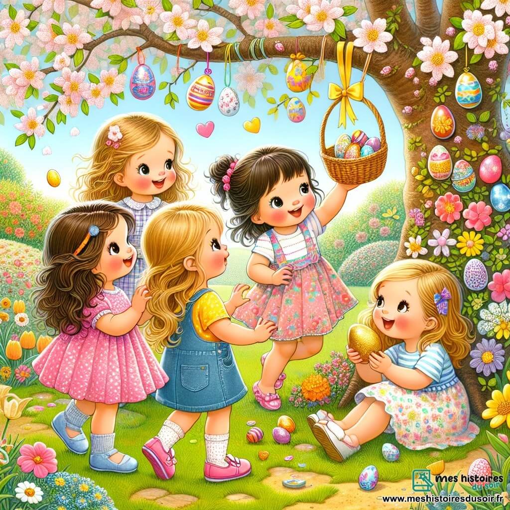 Quatre petites filles, Chloé, Léa, Zoé et Anaïs, sont sous un grand arbre fleuri dans un jardin ensoleillé. Chloé (8 ans) grimpe pour attraper un panier accroché à une branche. Léa (7 ans) est assise sur l'herbe, curieuse. Zoé (6 ans) tient un œuf en chocolat doré, émerveillée. Anaïs (5 ans) secoue une cloche dorée en chantant. Le jardin est coloré avec des tulipes et des jonquilles, sous un ciel bleu éclatant. Les quatre amies découvrent un panier d'œufs en chocolat, entourées de rires et de joie, symbolisant l'esprit de Pâques et l'amitié.