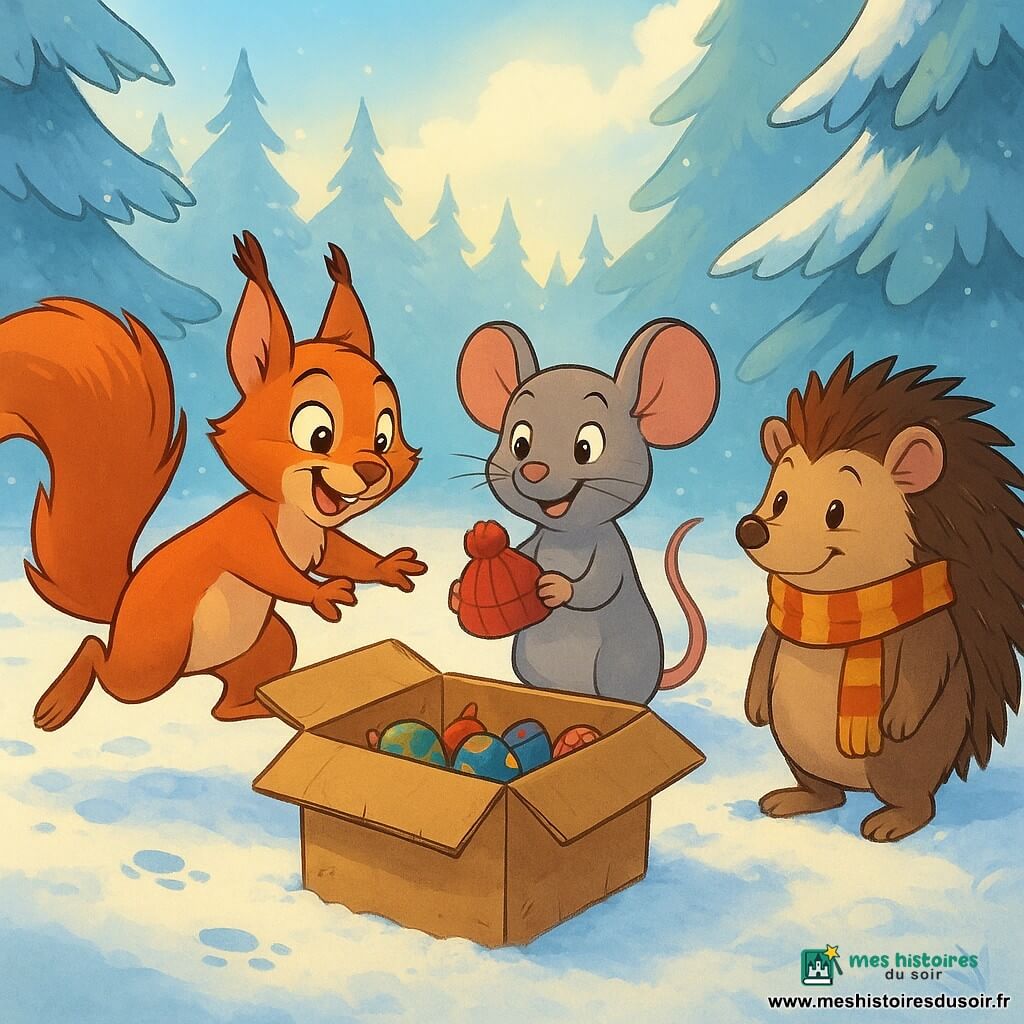 Cachou, un écureuil roux aux yeux pétillants et à la queue touffue, saute joyeusement autour d'une boîte en carton cabossée, laissant des empreintes rondes dans la neige étincelante. Prunelle, une souris grise aux oreilles frémissantes, se tient à côté de Cachou, souriante, tenant un petit bonnet de laine dans ses pattes. Gribouille, un hérisson au pelage piquant, observe la scène avec une écharpe rayée, légèrement en retrait. La clairière enneigée, entourée de sapins givrés, est illuminée par un doux rayon de soleil, créant une ambiance magique et festive. Les animaux remplissent la boîte de trésors, chacun apportant un objet précieux, tandis que la forêt résonne de rires et de chants de Noël.