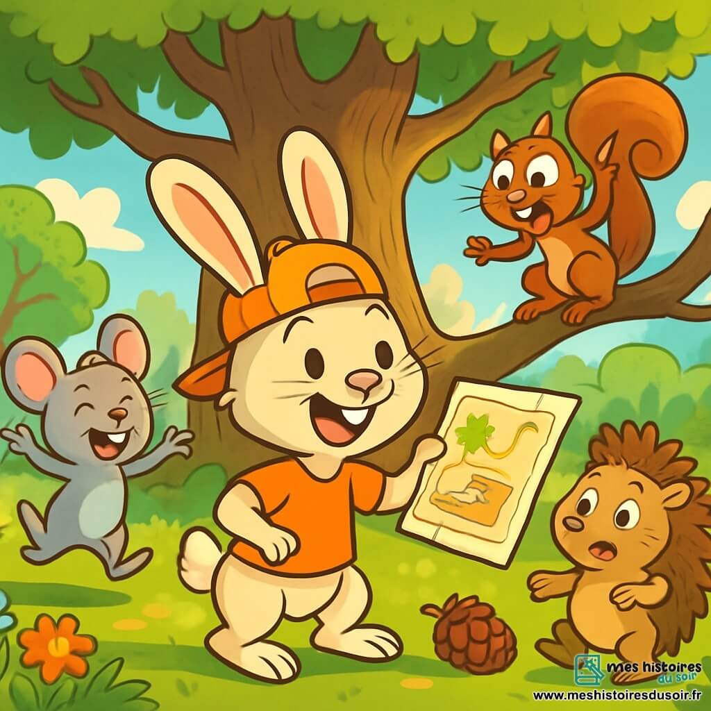 Riri le Lapin, un petit lapin aux grandes oreilles, porte une casquette à l’envers et sourit malicieusement en tenant une carte dessinée à la main. Il est entouré de ses amis : Lila la souris, qui saute de joie, Gaston le hérisson, inquiet mais amusé, et Titi l’écureuil, qui grimpe à une branche en faisant une grimace. Ils se trouvent dans une clairière ensoleillée du Bois Bizarre, avec un vieux chêne majestueux au centre. Les amis sont en pleine chasse au trésor, riant et prêts à découvrir un gâteau aux carottes caché dans la forêt.