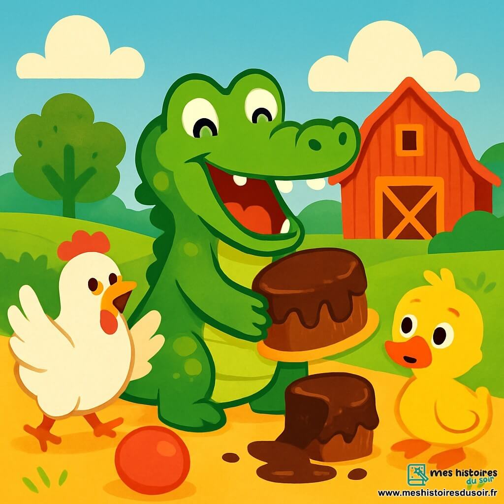 Un crocodile joyeux au centre de la scène, riant et tenant un gâteau au chocolat tombé. À droite, un canard jaune aux plumes duveteuses, surpris, regarde le gâteau. À gauche, une poule blanche aux plumes soyeuses cherche son ballon rouge qui roule. En arrière-plan, une ferme colorée avec des champs verdoyants, une grange rouge et un ciel bleu avec des nuages. La scène capture un moment amusant où les animaux se rassemblent autour du gâteau, riant et jouant ensemble dans une ambiance festive.