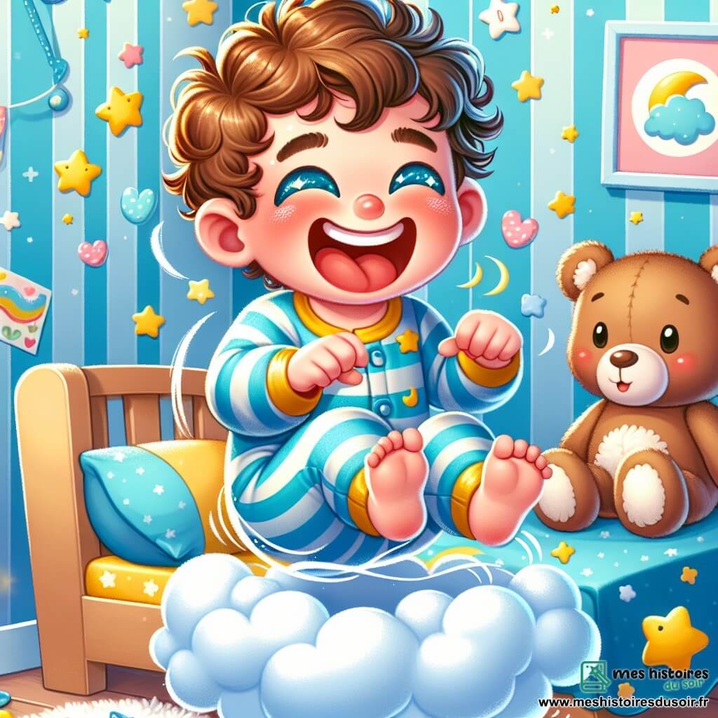 Un petit garçon de 2 ans, avec des cheveux bouclés et des yeux malicieux, est allongé sur son lit en riant. Il porte un pyjama rayé bleu et jaune. À côté, son doudou en forme d'ours le regarde avec surprise. La chambre est décorée de murs pastel avec des stickers d'étoiles et de lunes, et un tapis moelleux en forme de nuage est au sol. Le pyjama du garçon danse autour de lui, chatouillant ses pieds, tandis que des rires résonnent, créant une ambiance ludique et magique.