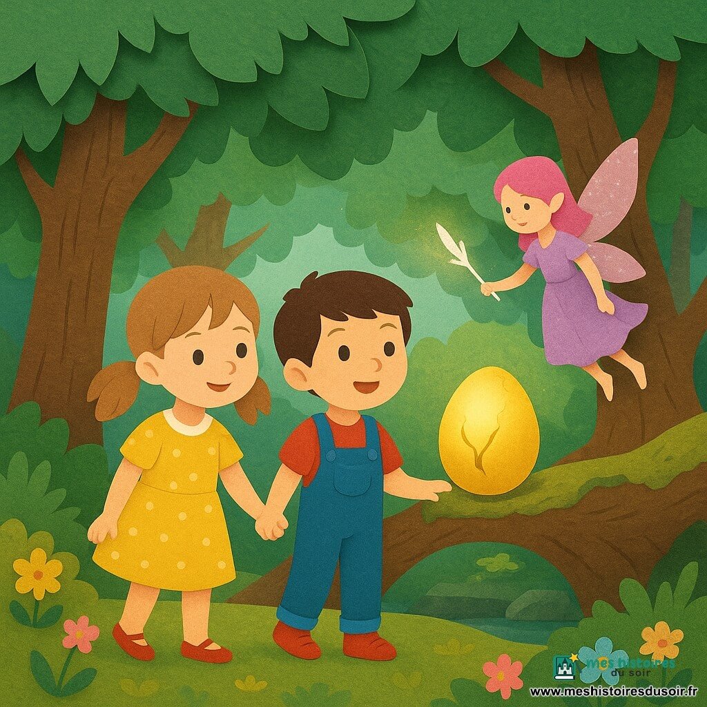 Trois personnages : Léa, 7 ans, cheveux châtain clair en couettes, robe jaune à pois blancs, tient la main de Tom en regardant une petite fée ; Tom, 7 ans, cheveux bruns courts, salopette bleue et chaussures rouges, légèrement devant elle, émerveillé par un œuf doré fissuré dans l'arbre ; la Fée Lila, très petite, ailes translucides roses pailletées, robe lilas flottante, vole près d'une branche en tenant une plume brillante ; lieu : clairière d'une forêt enchantée avec grands arbres aux troncs texturés, tapis de fleurs colorées et un grand arbre creux au centre, pont de pierre couvert de lichen en arrière-plan ; situation : les enfants grimpent doucement sur une large branche tandis que la fée flotte près de l'œuf doré laissant échapper une lumière chaude et une petite plume scintillante, ambiance douce, couleurs vives, silhouettes simples.